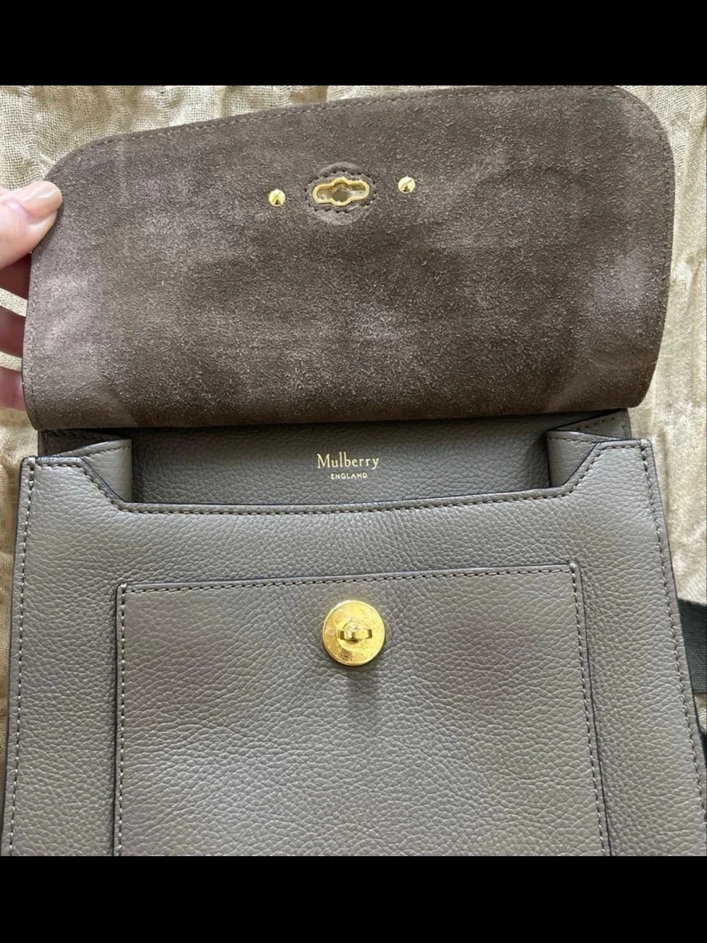 Mulberry Gray Taupe Pebbled Leather Crossbody with Gold Turnlock